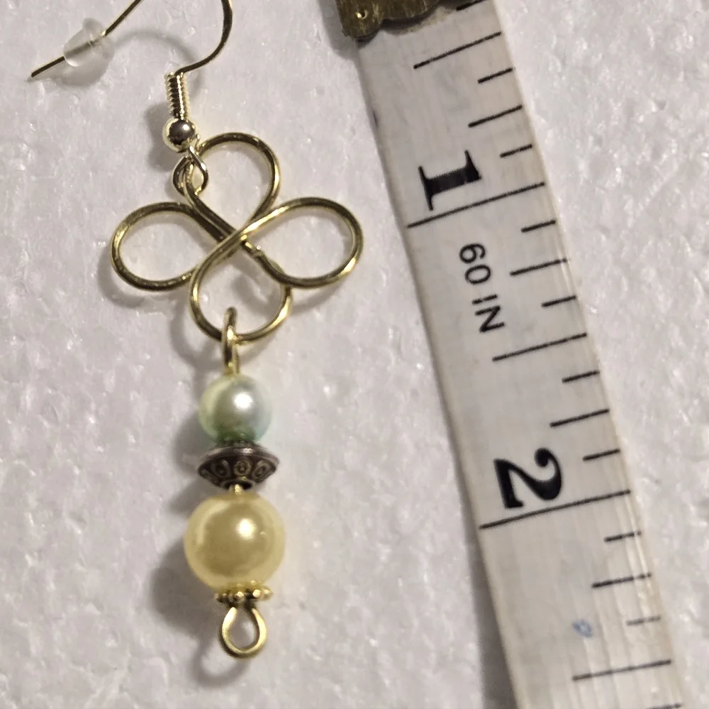 Hand Crafted Gold Clover Dangle Earrings with Pale Yellow and Mint/Yellow Beads - Picture 8 of 10